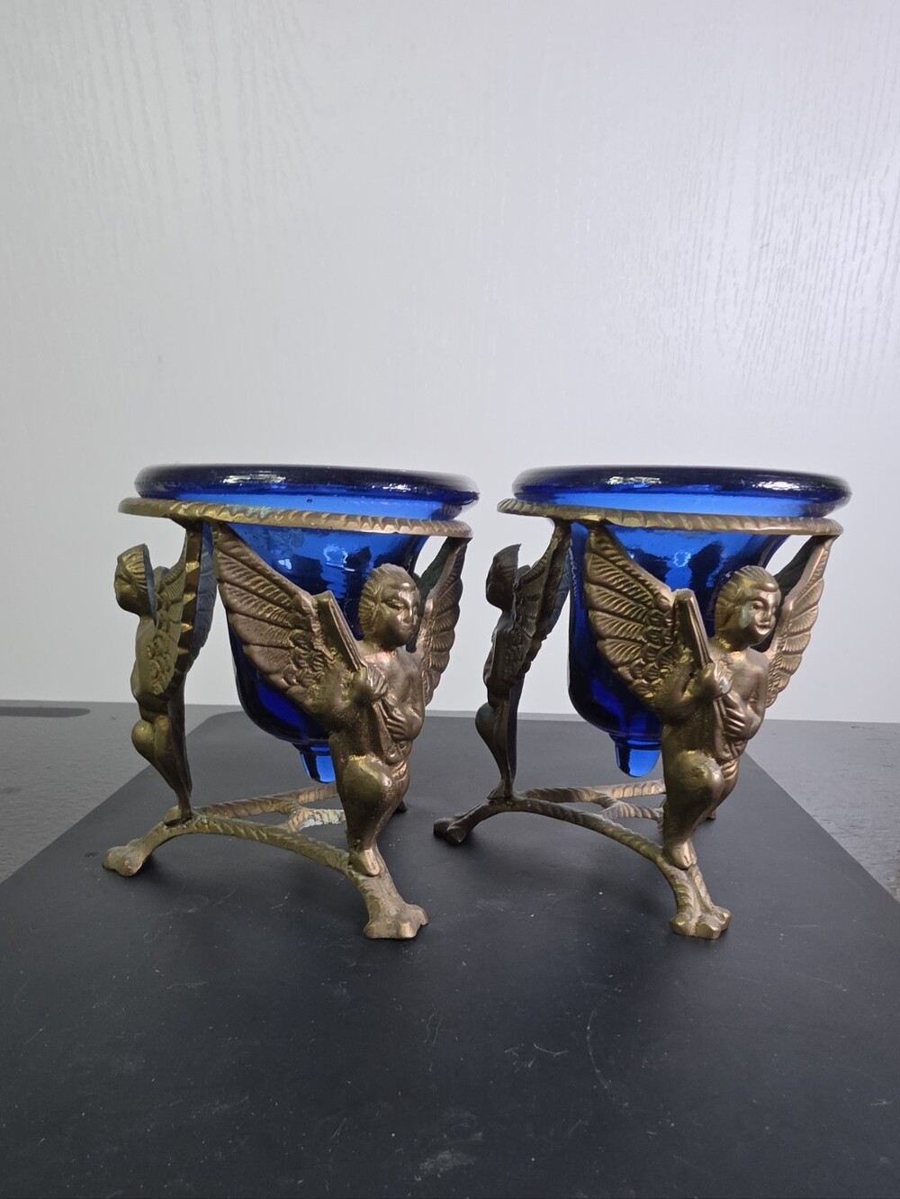 Antique-Style Cobalt Blue Glass Votive Holders with Brass Angel Stands